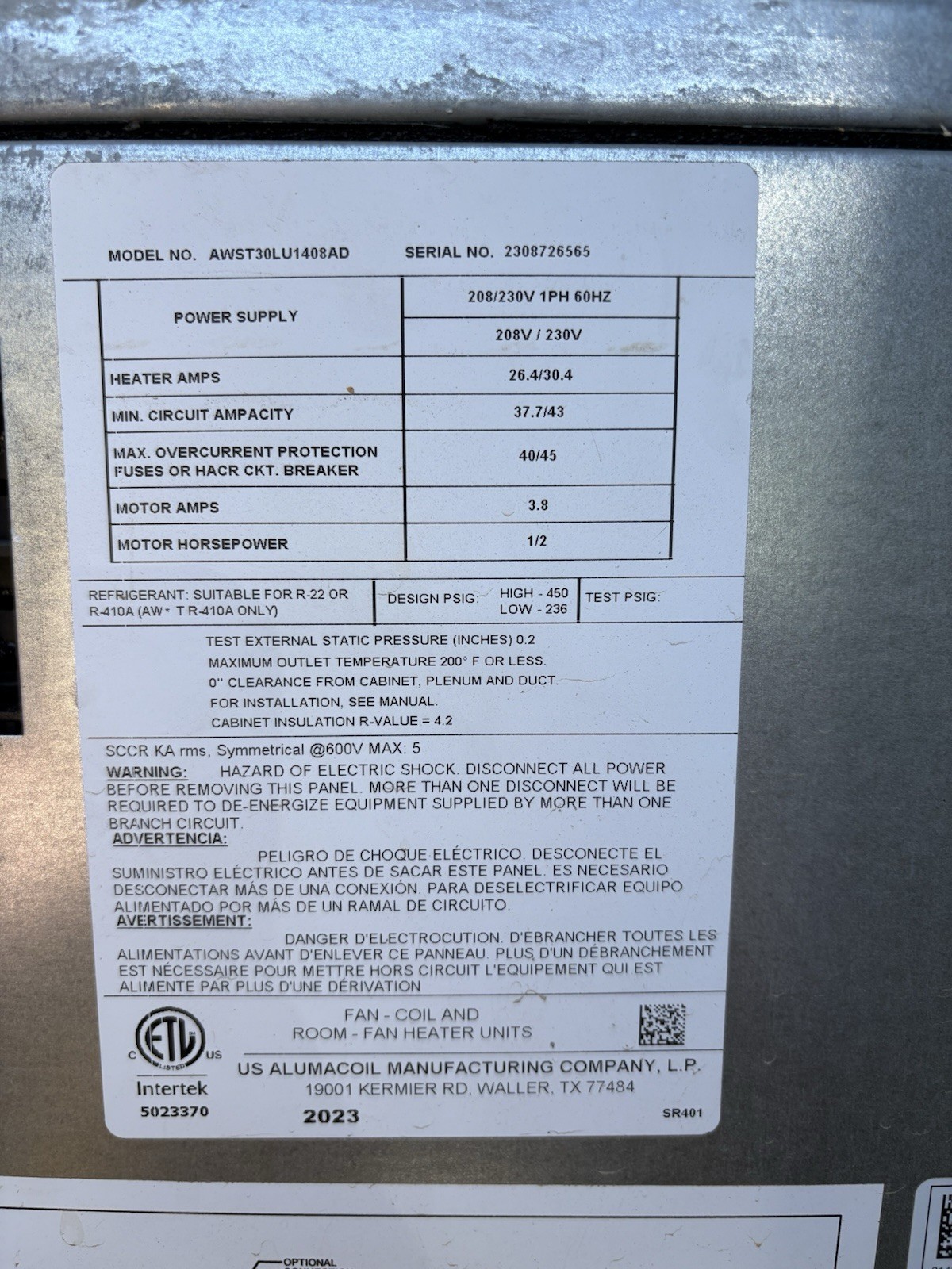 Goodman AWST – 2.5 Ton – Air Handler- 208-230 Model: AWST30LU1308AD