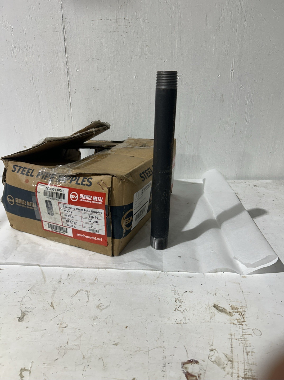 1”x12” Seamless Steel Pipe Nipple Schedule 80. Black, Npt, Service Metal