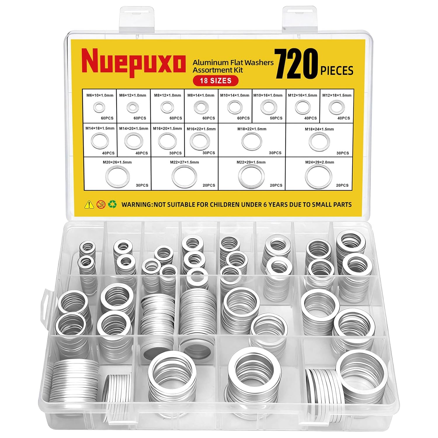 720PCS Crush Washer Kit, Aluminum Oil Drain Plug Gasket Assortment | 18 Sizes Cr
