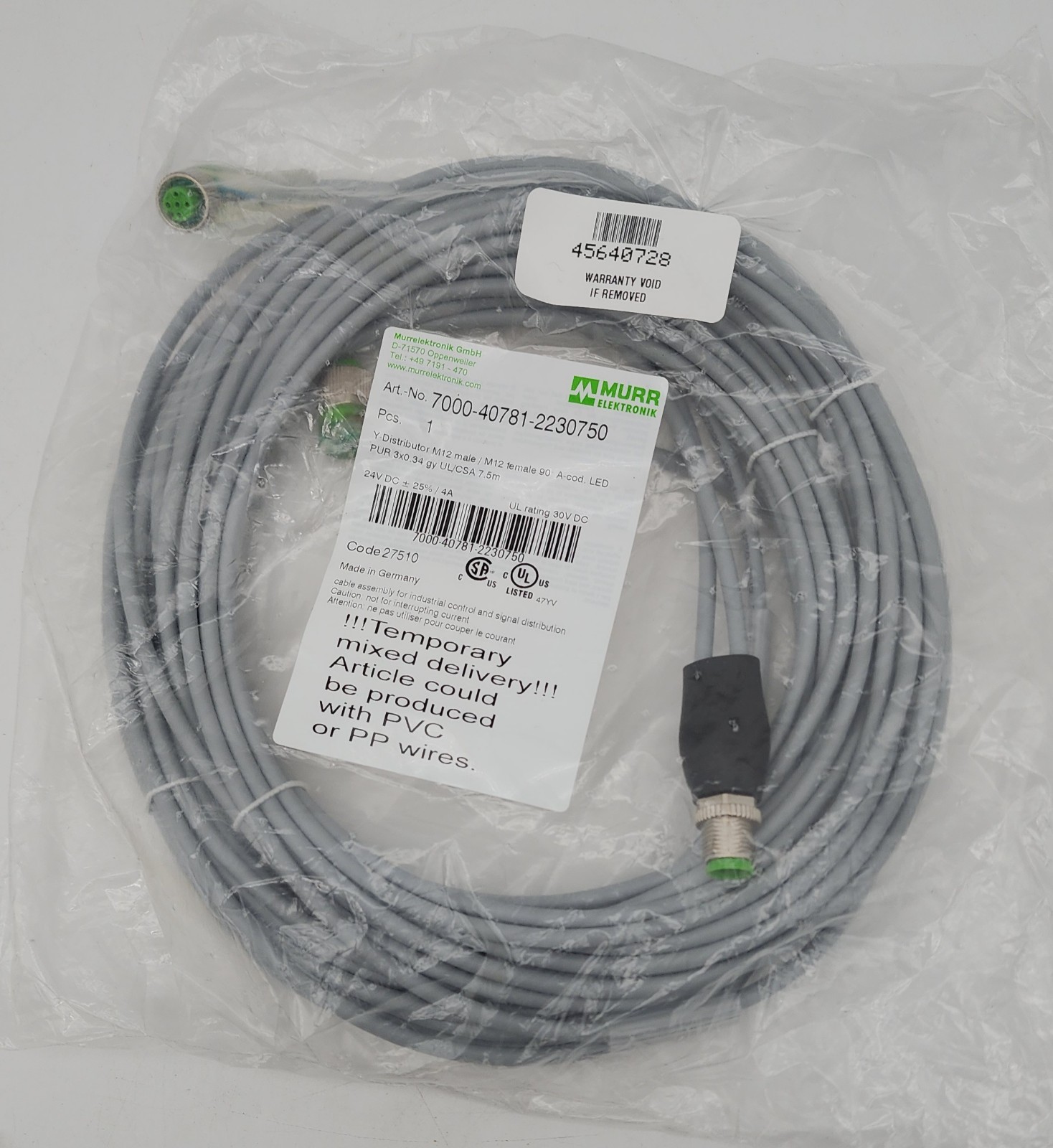 MURR 7000-40781-2230750 CORDSET Y-SPLITTER M12 MALE TO FEMALE CONNECTOR (7.5M)
