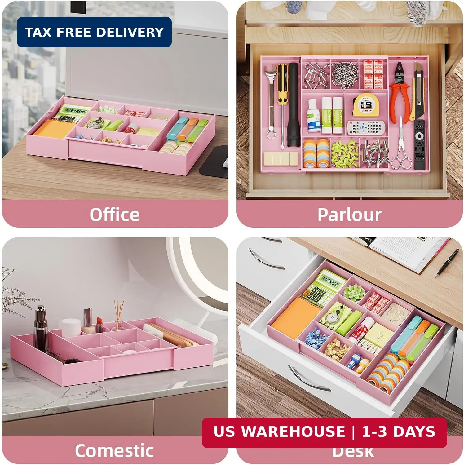 Marbrasse Expandable Desk Drawer Organizer, Clear Plastic Drawer Organizer Tray