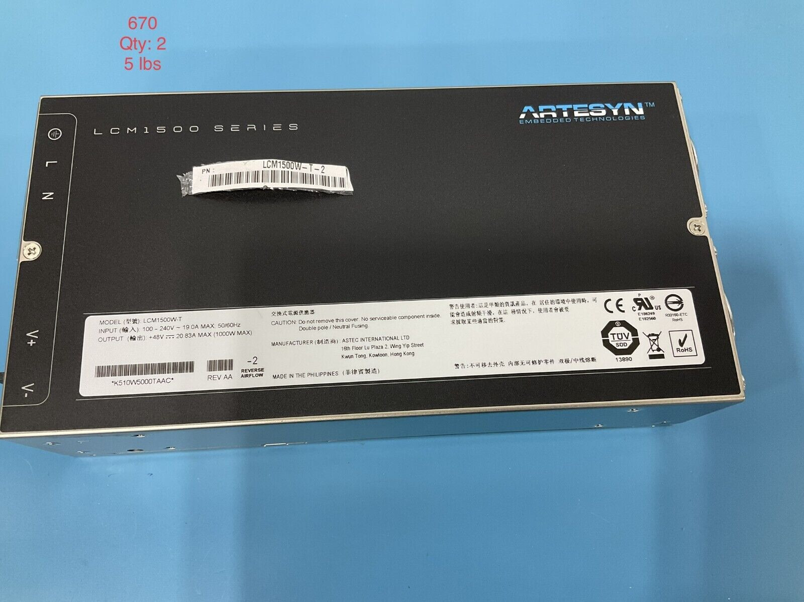 LCM1500W-T (INPUT 100V TO 240V 19.0A MAX 50/60Hz OUTPUT 48V 20.83A MAX 1000W MAX