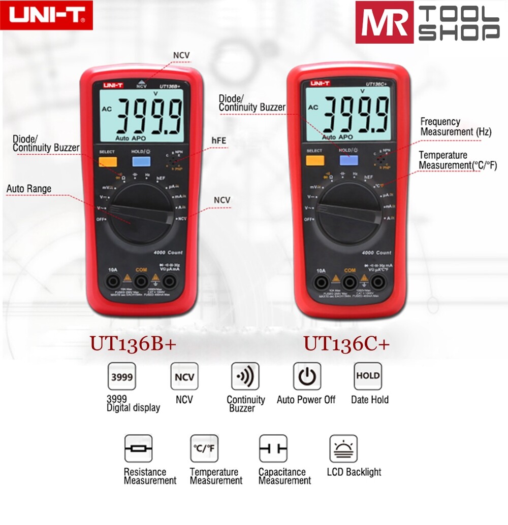 UNI-T UT136C+ Handheld Digital Multimeter Auto AC/DC DMM 40MΩ 40mF Temp tester