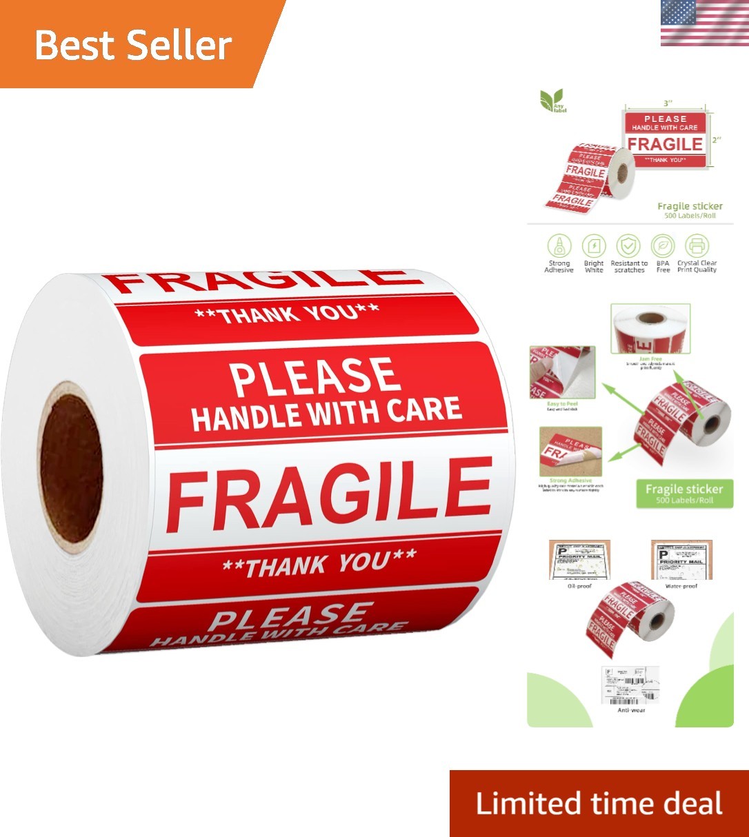 High-Quality 500 Count Fragile Labels – Red Stickers for Careful Shipping