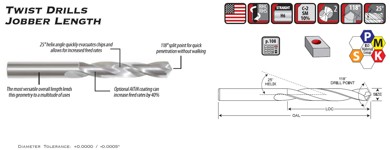 #33 (.1130″)Dia. Jobber Length Carbide Twist Drill, 118Deg Split Point