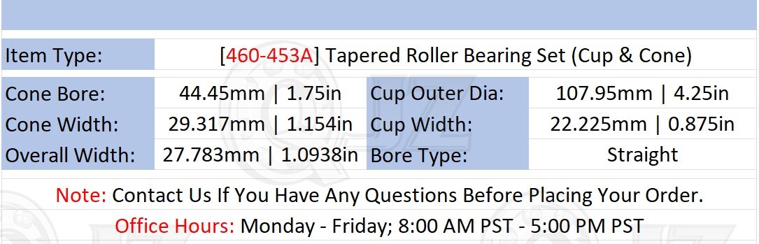 [Qty.2] 460-453A Tapered Roller Bearing Set [1-3/4″ ID x 4.25″ OD x 1.0938in W]