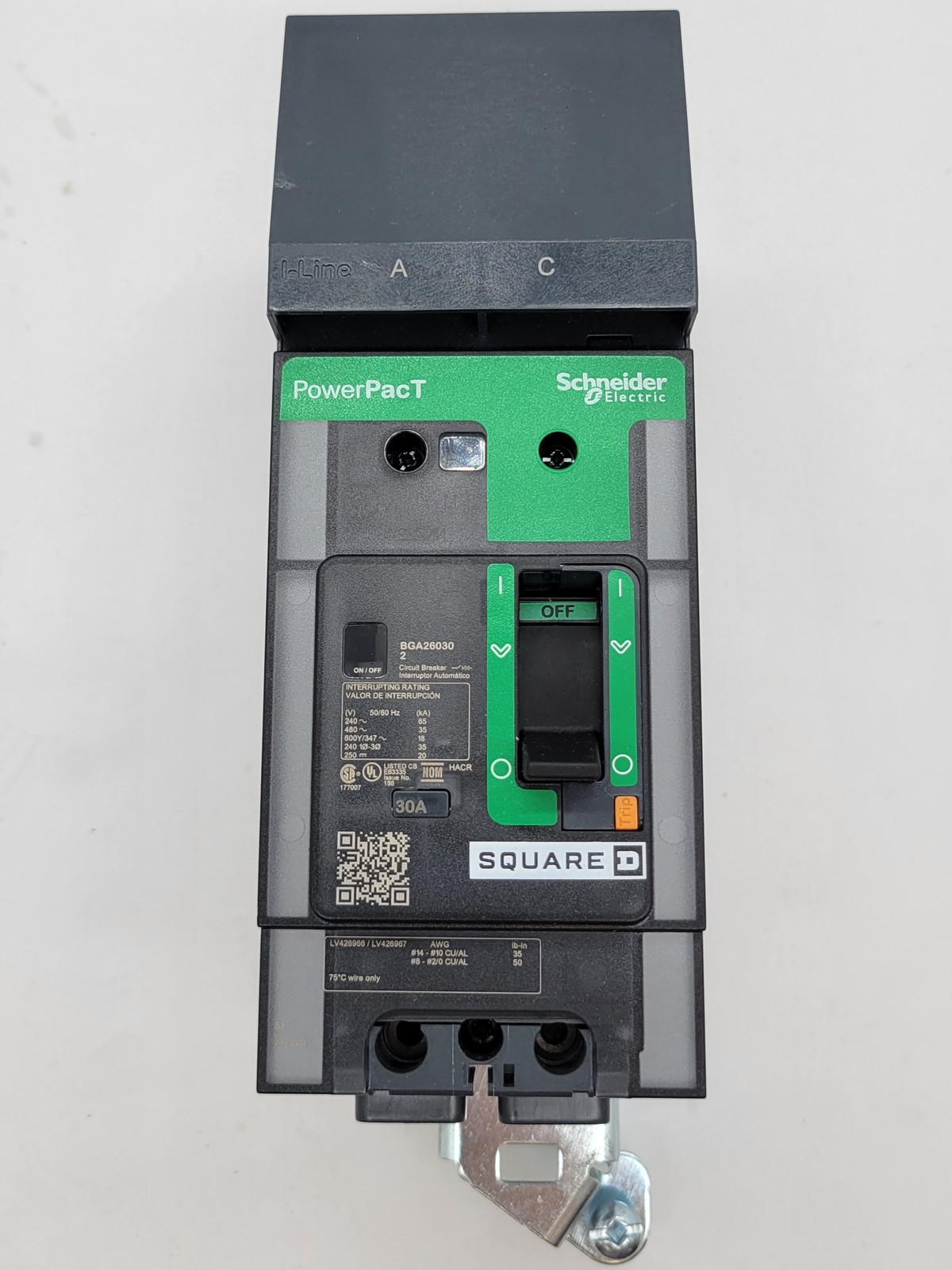 Square D BGA260302 PowerPact I-Line Circuit Breaker 30A 2P 600V 18KA BG30 Green