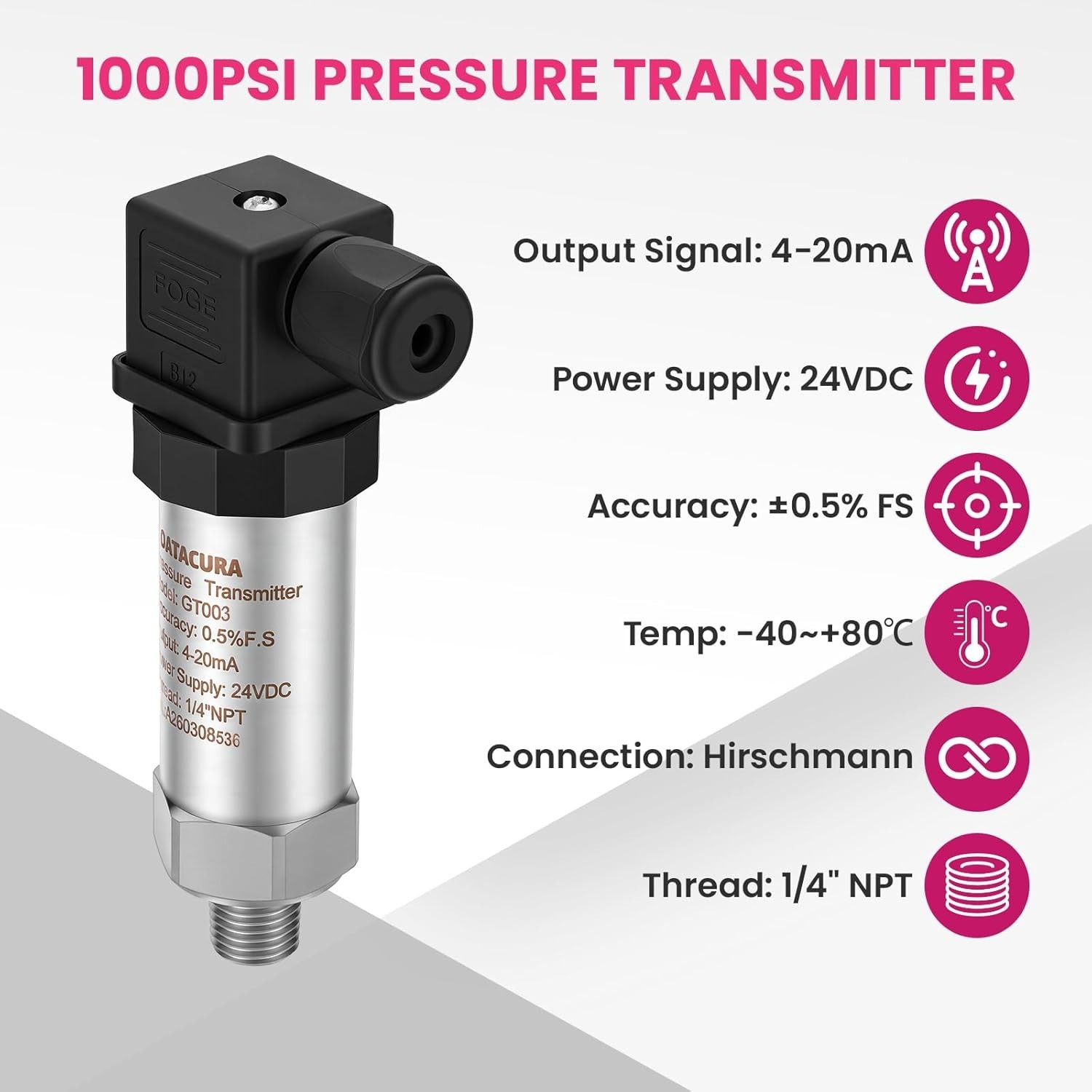 1000PSI Pressure Transmitter, Industrial Pressure Transducer 4-20mA 0.5% FS – 24