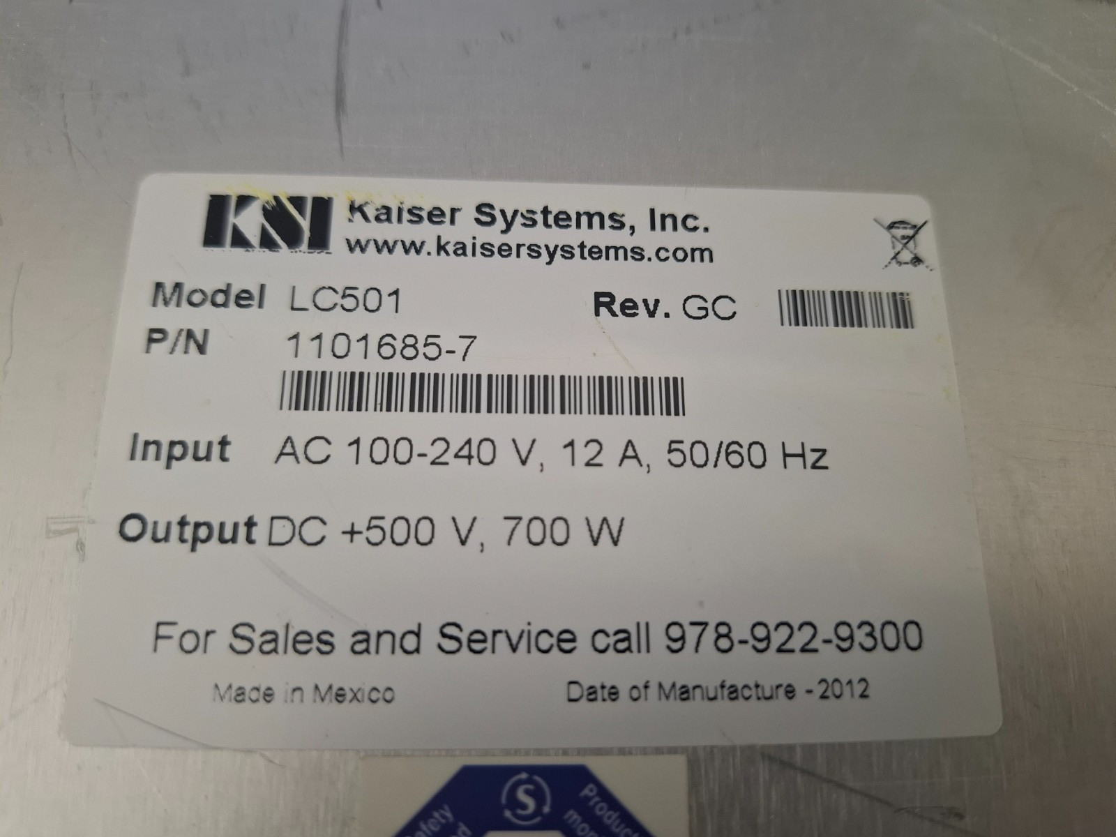 Kaiser Systems Inc. 1101685-7 Capacitor Charging Power Supply LC501