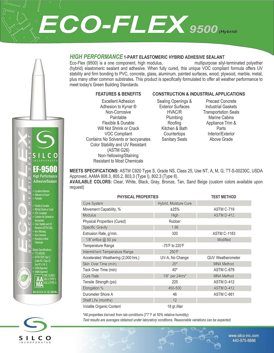 Silco EF9500 High Perform Hybrid Silicone Sealant, Adhesive One Case of 24 Tubes