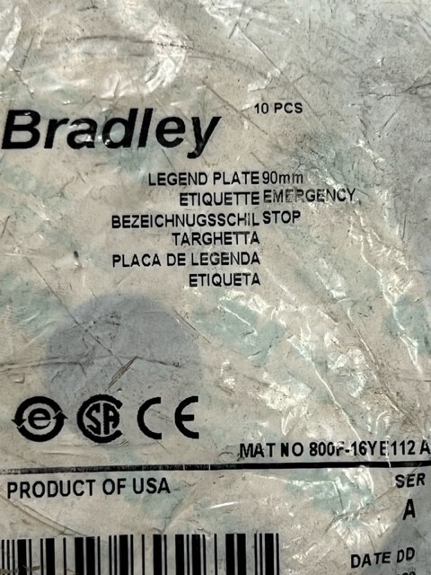 Lot of 10 pcs – 800F-16YE112 Emergency Stop Legend Plate 90mm New in Sealed Bag
