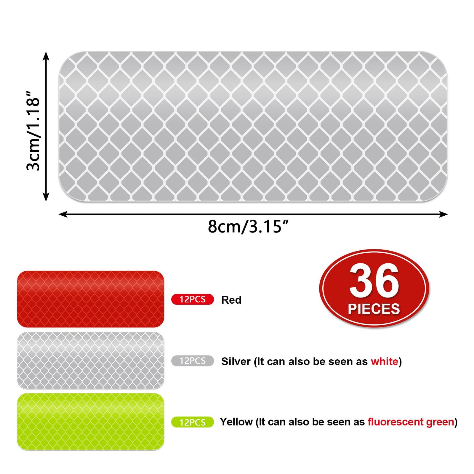 PSLER 36 PCS Reflective Stickers for Car Bike 3*8cm, Red, Yellow, Silver