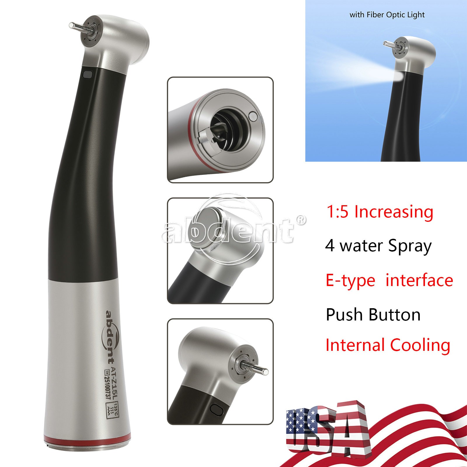 Abdent Dental 1:5 Handpiece LED Fiber Optic Increasing Contra Angle CE FDA