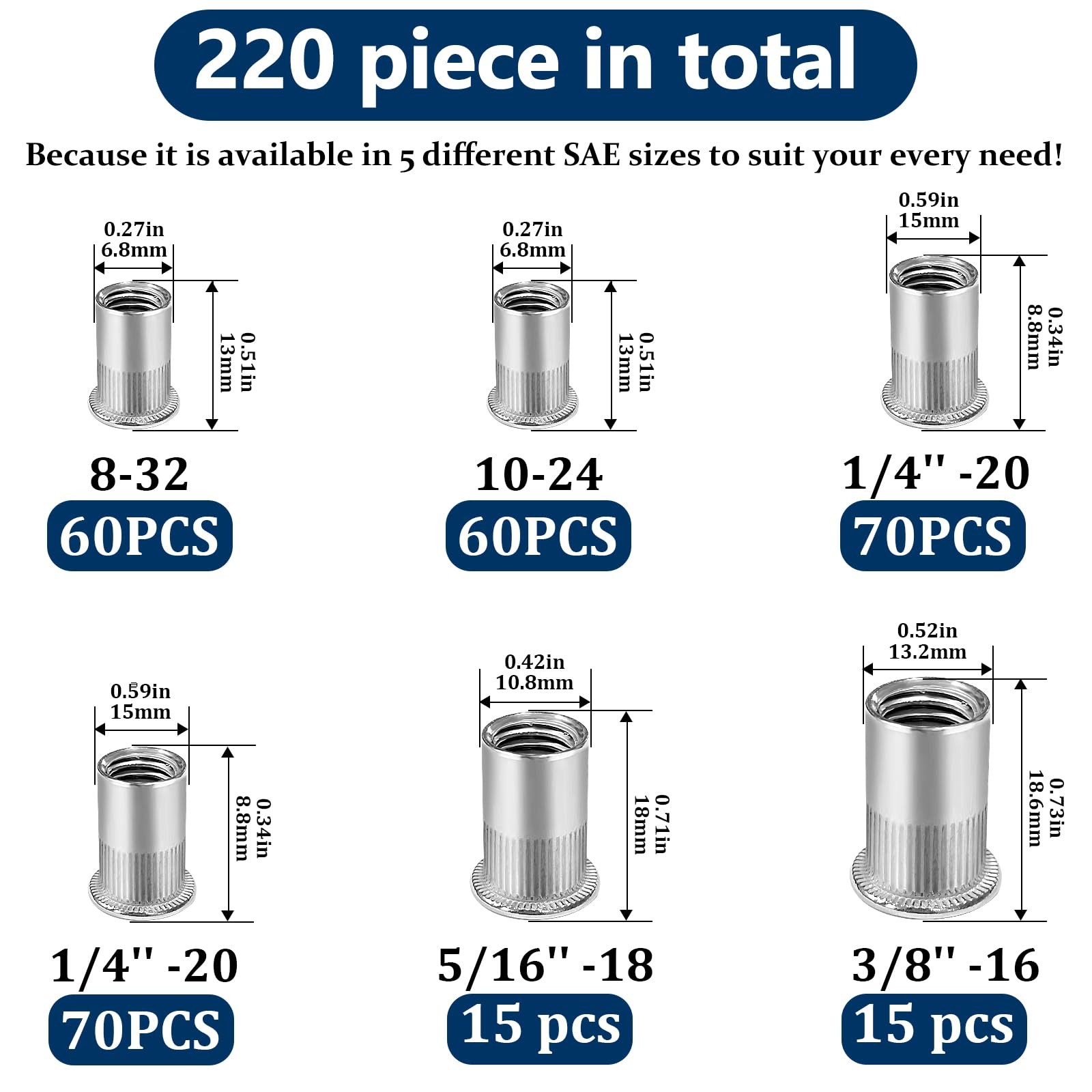 SAE Rivet Nut Assortment Kit220 Pcs,#832#1024 1/4″20 5/16″18 3/8″16 304 Stain…