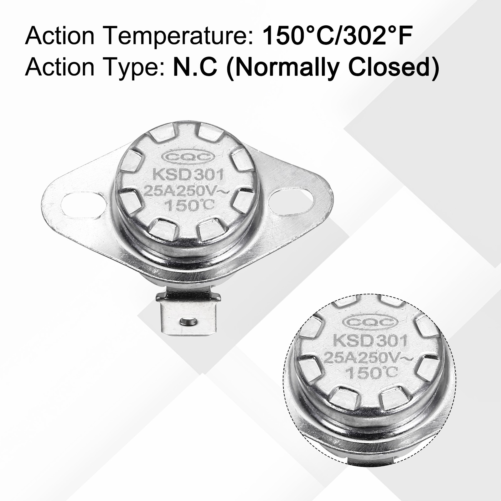 2 Pcs KSD301 Thermostat 150°C/302°F 25A N.C with Terminal Wire