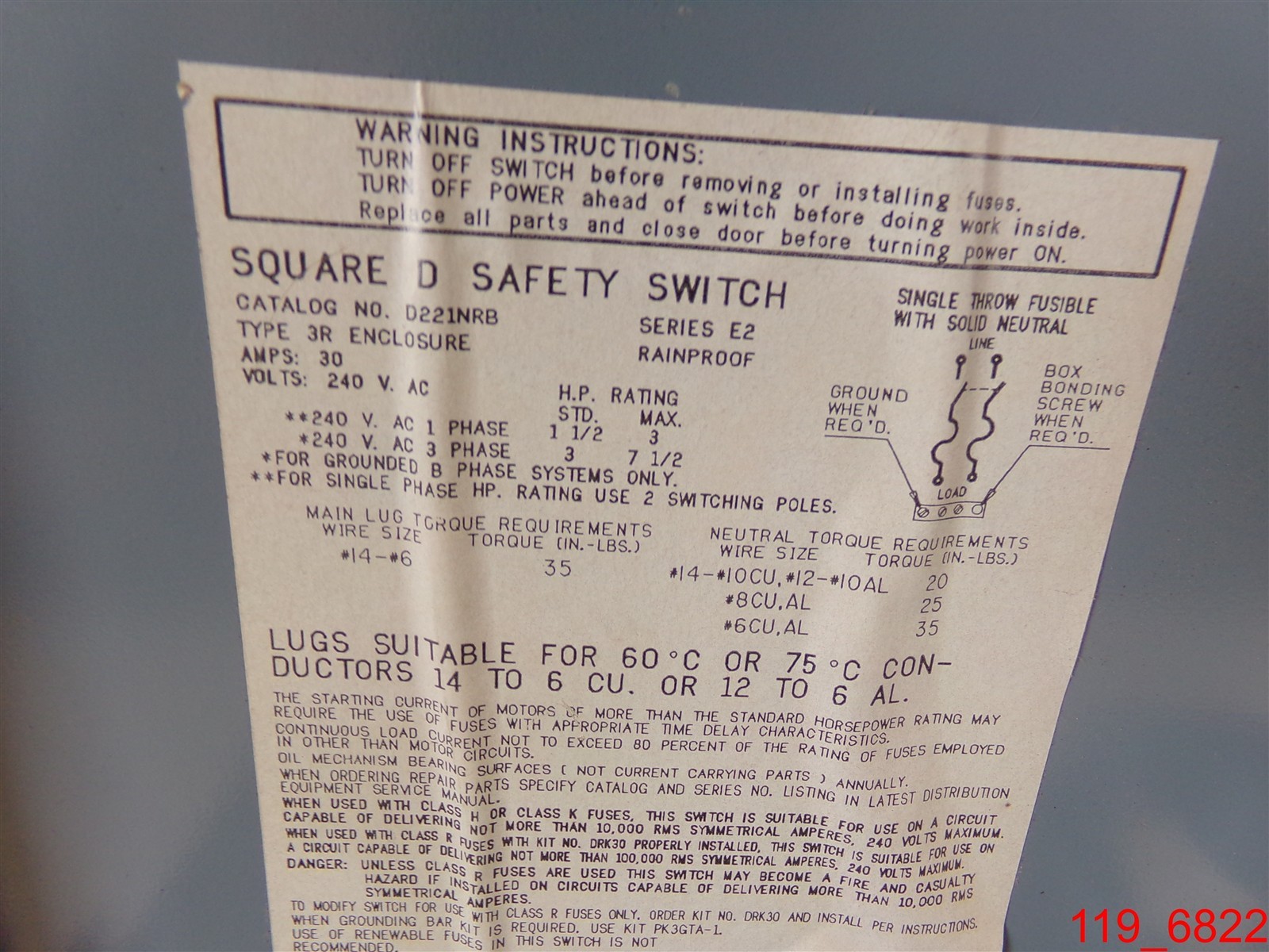 SQUARE D D221NRB GENERAL DUTY SAFTEY SWITCH 30 AMP 240V Series E2