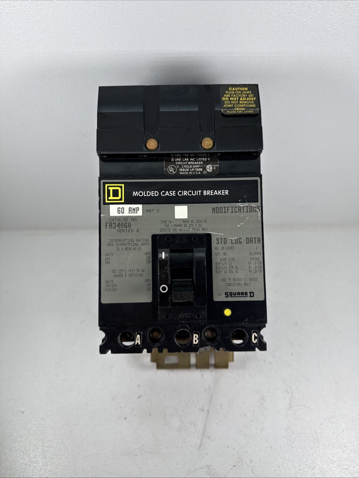 Square D FA34060 Thermal-Magnetic Circuit Breaker, 3-Pole, 60A, 480VAC, 250VDC