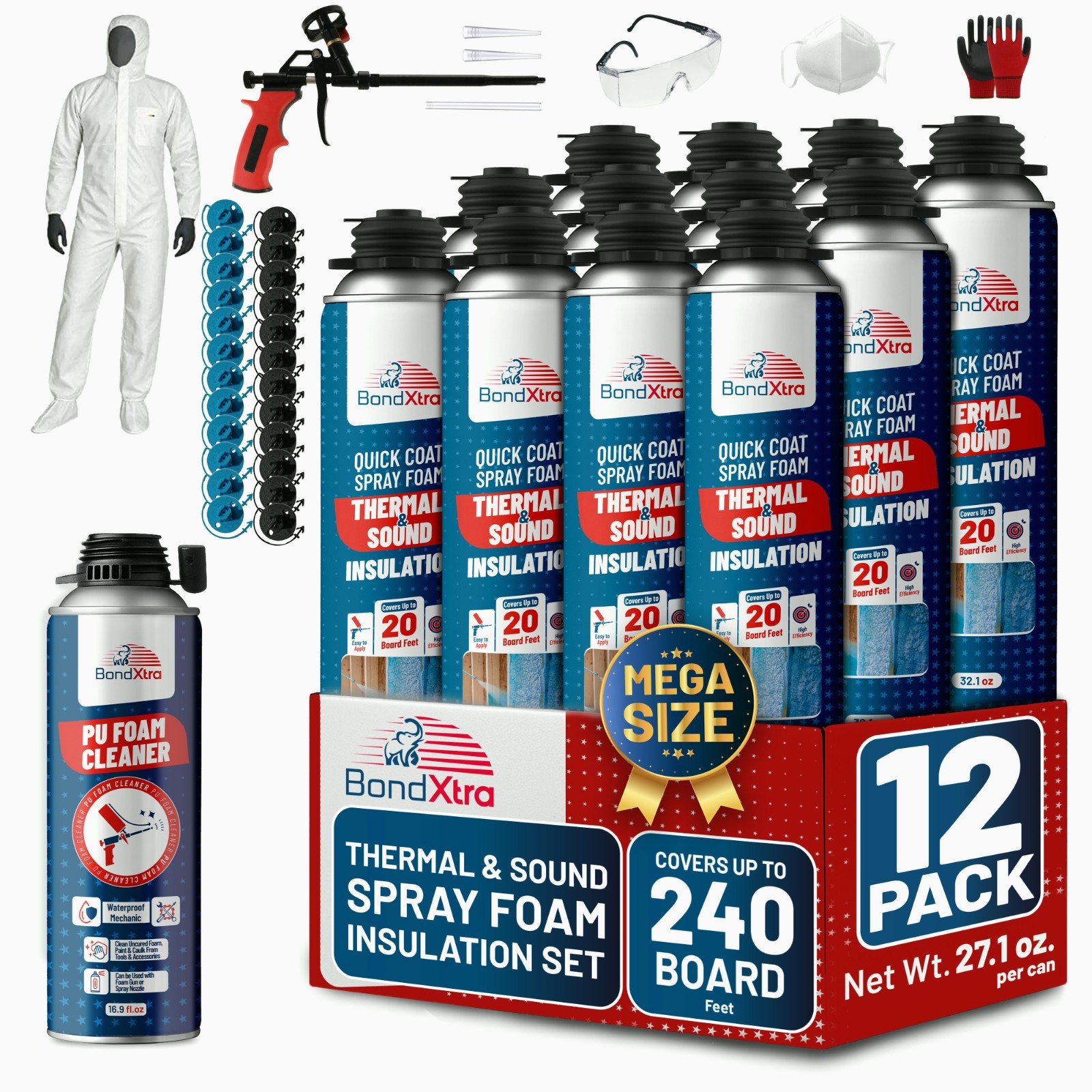 Spray Foam Insulation Kit (12 x 32.80 oz/930 gr – 240 Board ft), Self-Expanding