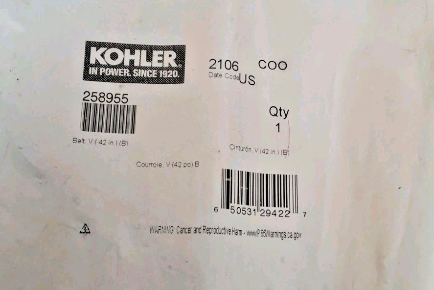 Kohler Genuine Parts 258955 V-Belt 42 Inches Sealed Package