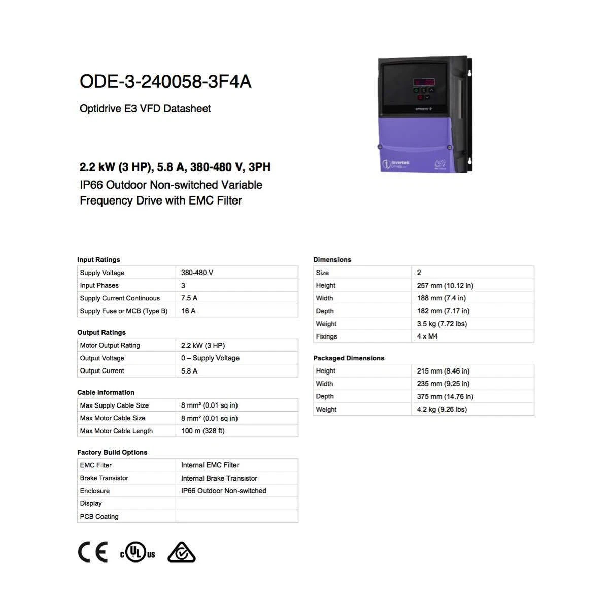 ODE-3-240058-3F4A Invertek VFD 3HP 5.8A 380V-480V 3Ph/3Ph VFDexchange