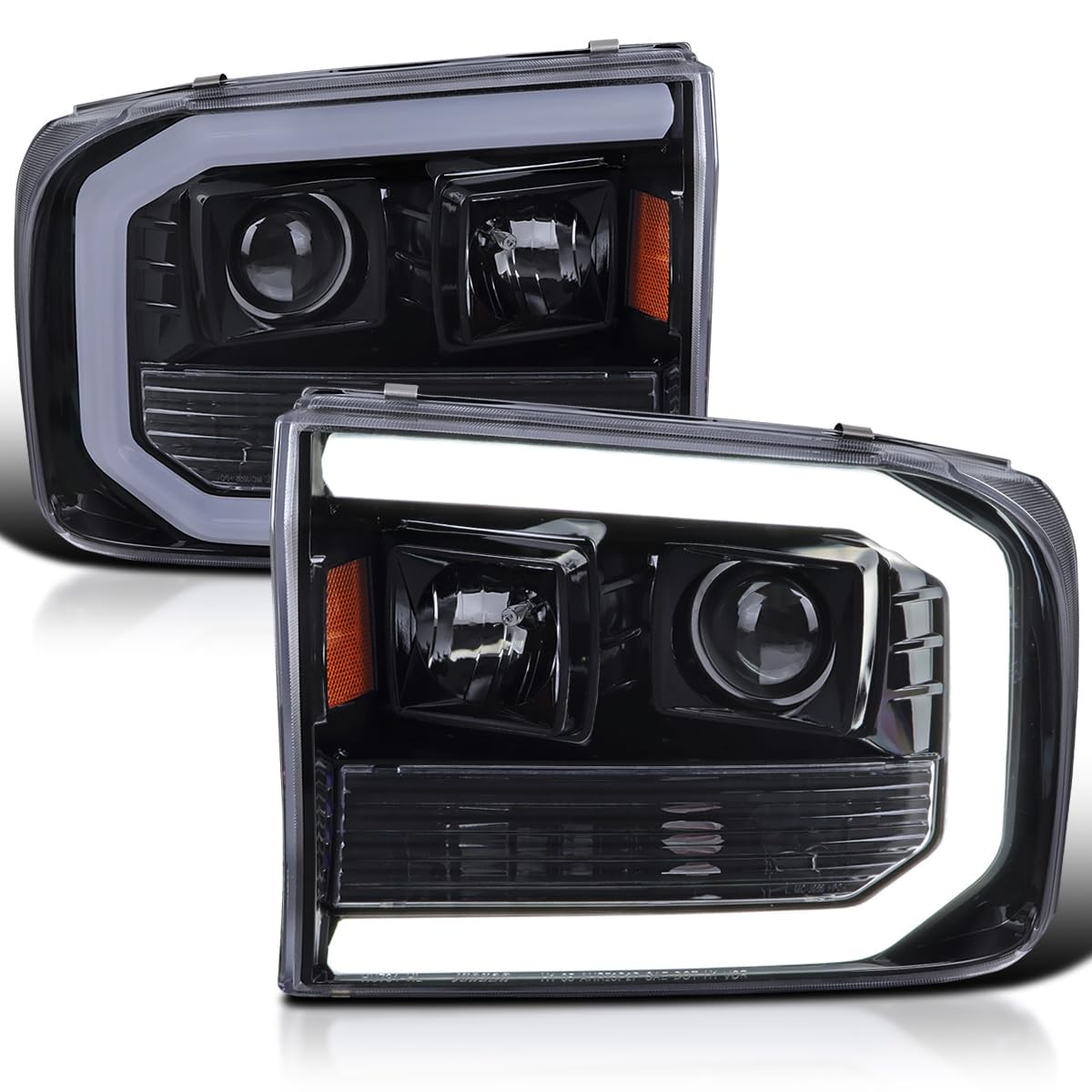Glossy Black Smoke LED Tube Projector Headlights 99-04 Ford F250 F350 F450 Set