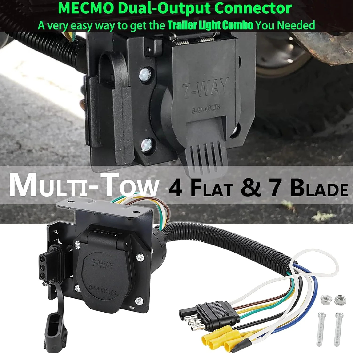 MECMO Multi-Tow 4 Way Flat to 7 Way Blade and 4 Flat Trailer Adapter with Custom