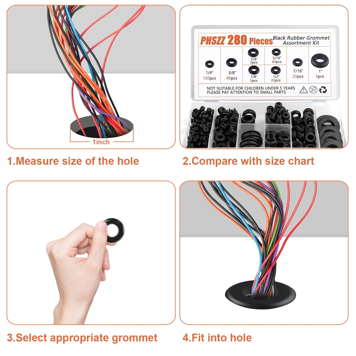 PSHZZ 280 PCS Rubber Grommets Kit, Rubber Hole Grommet Gaskets Assortment for Wi