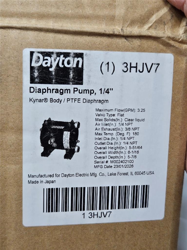 Dayton 3HJV7 Double Diaphragm Pump 1/4″ NPT 3.25 GPM Air Operated PTFE Diaphragm