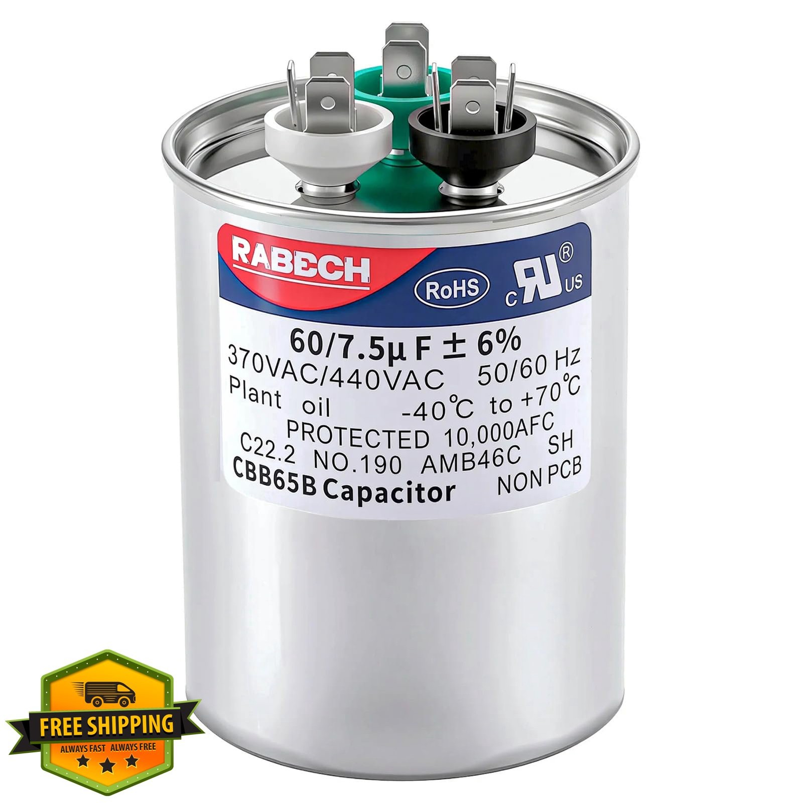 RABECH 60/7.5uF AC Capacitor 60+7.5 MFD 370V/440V Dual Run