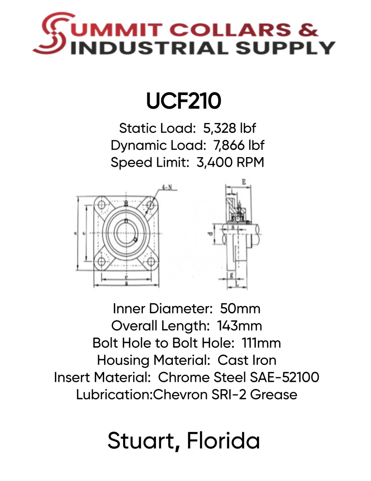 50MM 4 Bolt Flange Bearing, UCF210 50MM UCF210
