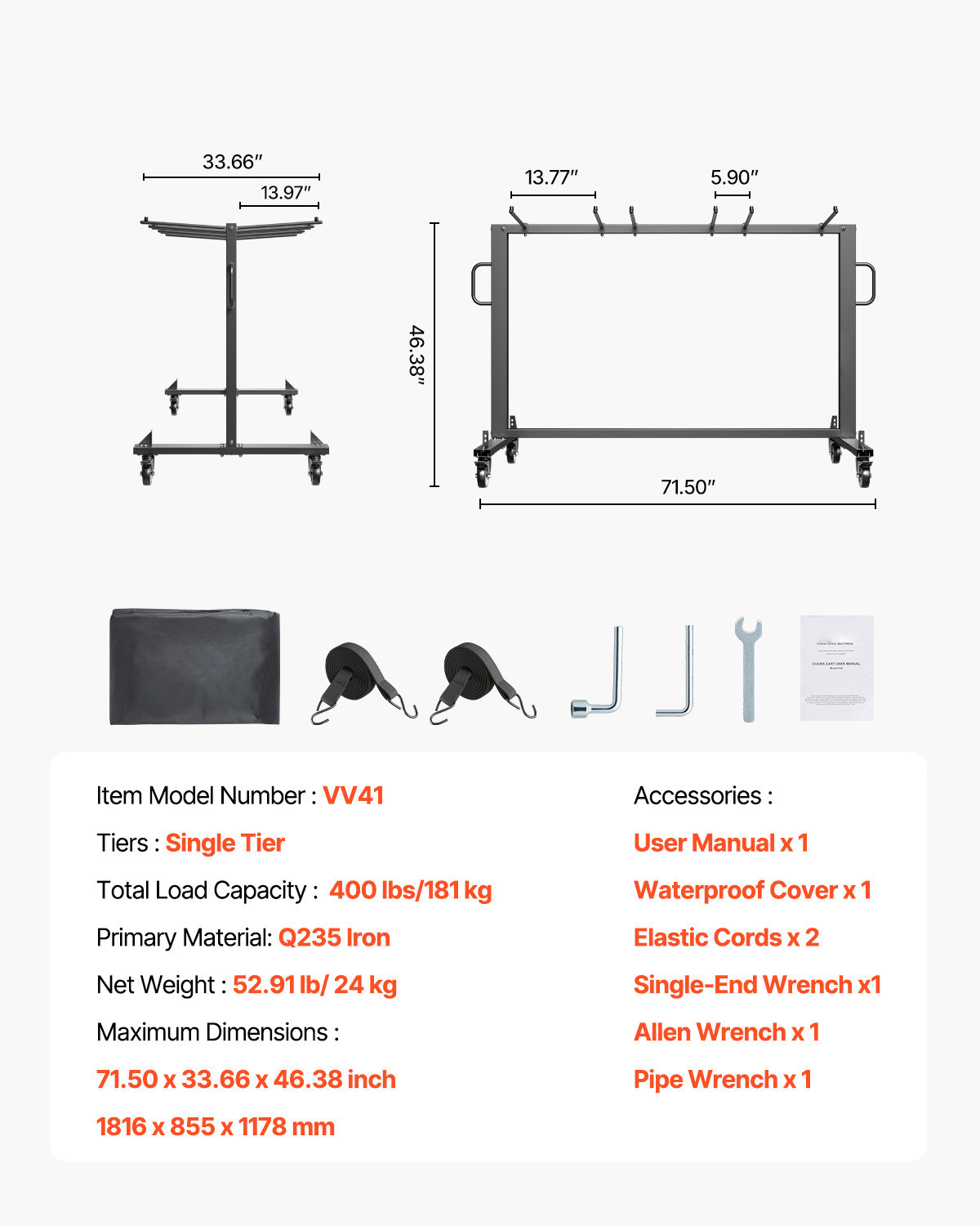 Folding Chair Rack Cart for 42 Chairs or 12 Tables of 400 LBS with Wheels