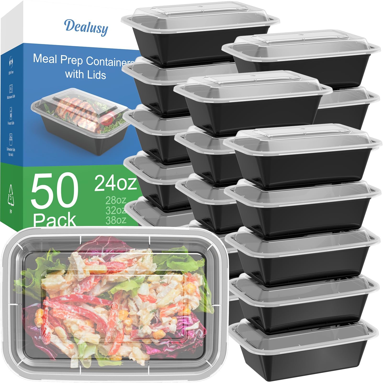 Dealusy 50 Pack (100-Piece) 24 oz Meal Prep Containers Reusable 24 oz, Black