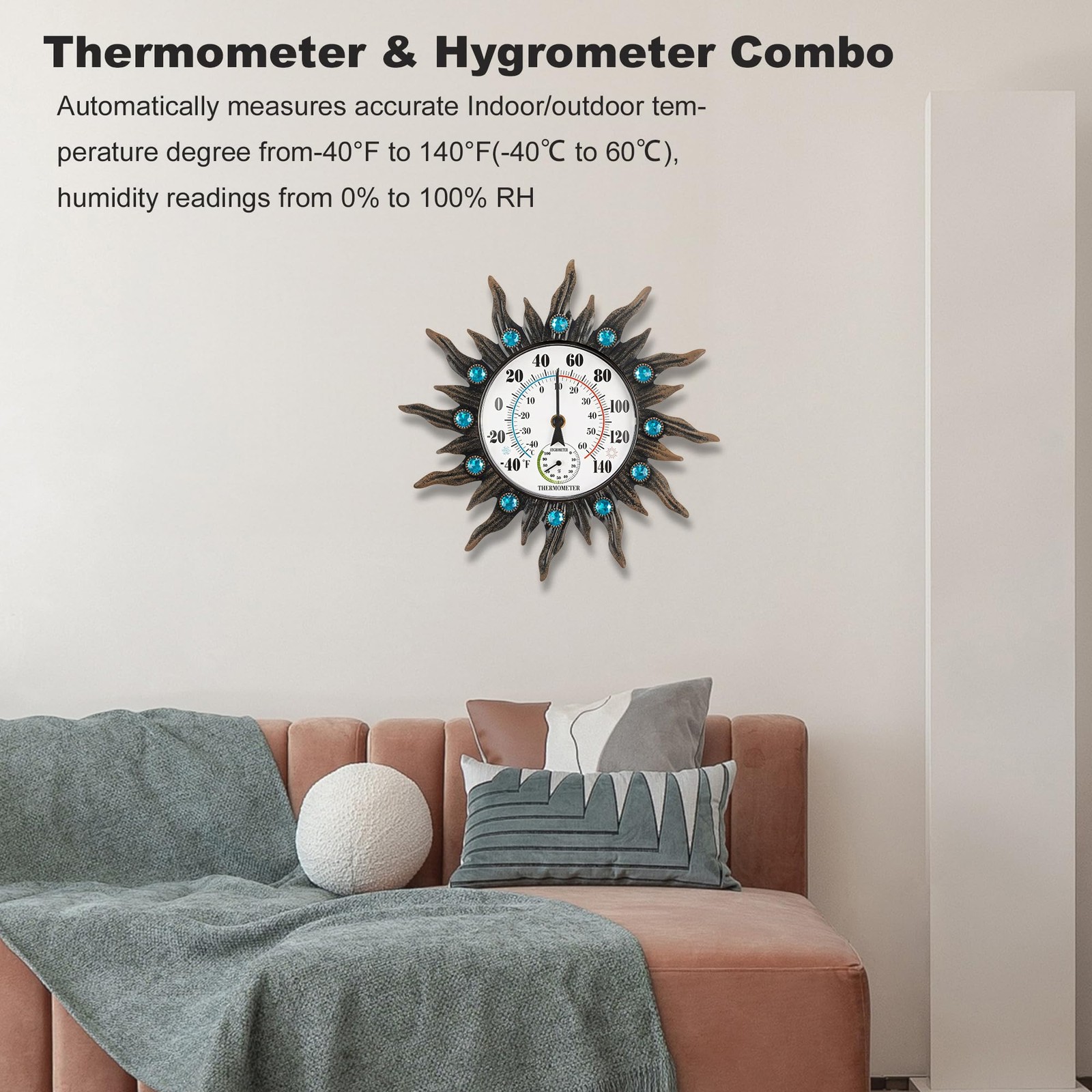 Retro Sun Wall Mounted Thermometer W/Hygrometer Waterproof Decorative Patio Yard