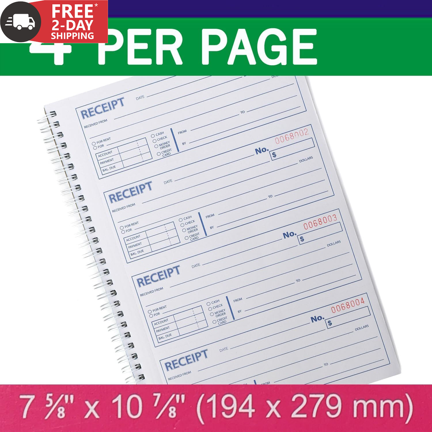 Money and Rent Receipt Book 2-Part Carbonless 7-5/8″ X 11″ Spiral Bound 200 Sets