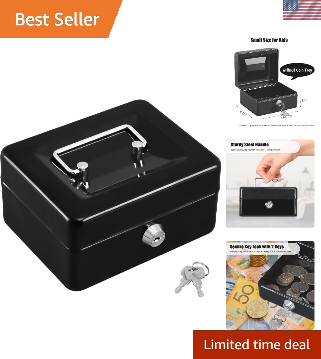 Durable Key Lock Cash Box – Scratch Resistant, Portable – 5.91×4.72×3.15 Black