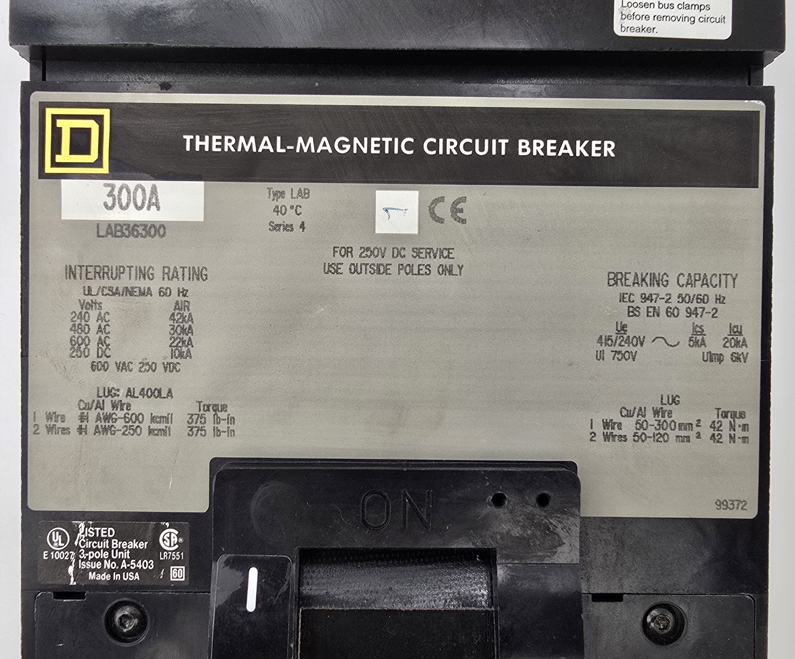 Square D LAB36300 I-Line Circuit Breaker 300A 600VAC 3P 50/60Hz Type LAB