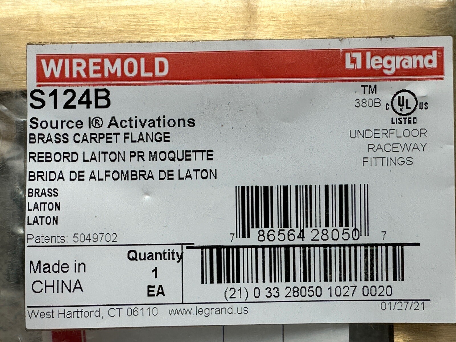 NEW WIREMOLD LEGRAND S124B SOLID BRASS CARPET PLATE OUTLET FLANGE FLUSH