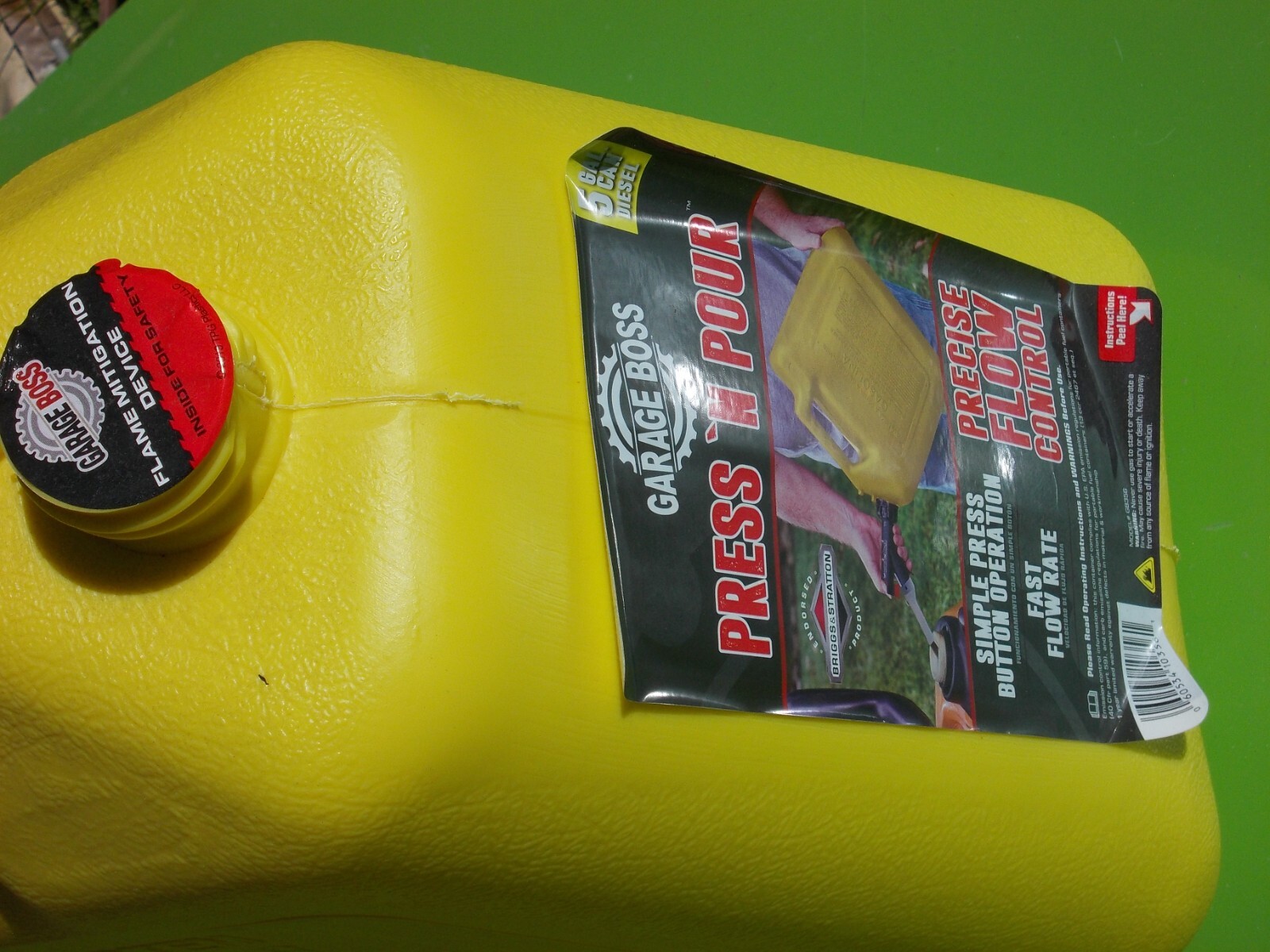 GARAGE BOSS 5 GALLON DIESEL FUEL CAN PRESS N POUR CONTROL GB356 YELLOW PLASTIC