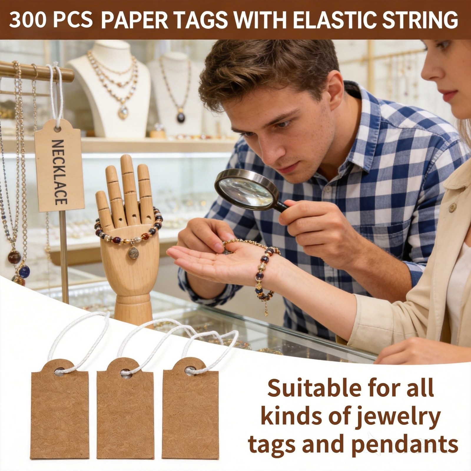 300 Pcs Small Price Tags with Elastic String, Brown 1.02*0.47inch,
