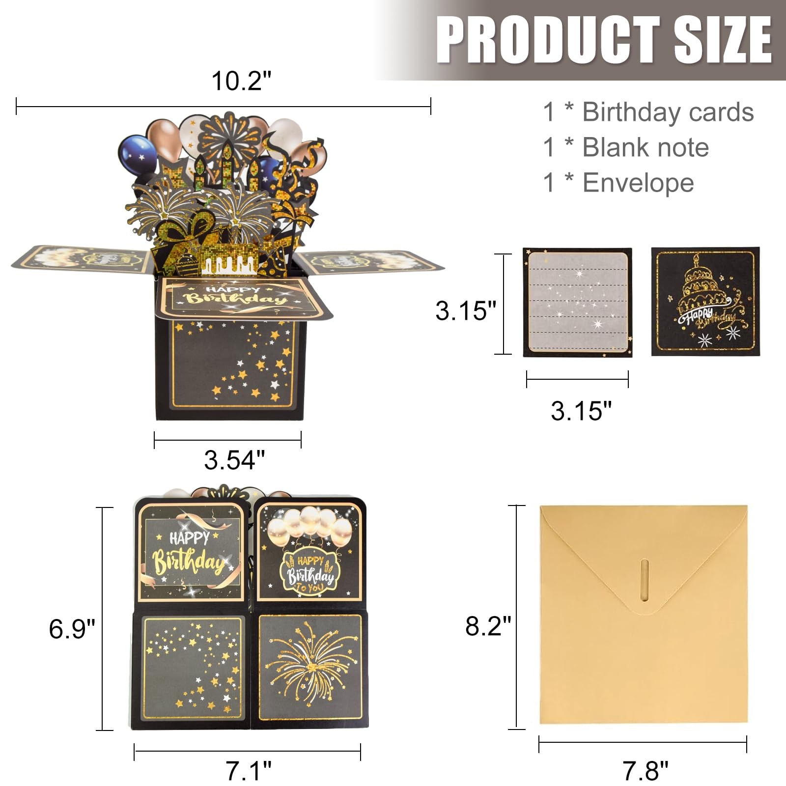 Surprise Pop Up 6.9in x 7.1in (folded), 7.2in (open), Birthday Cards-Black
