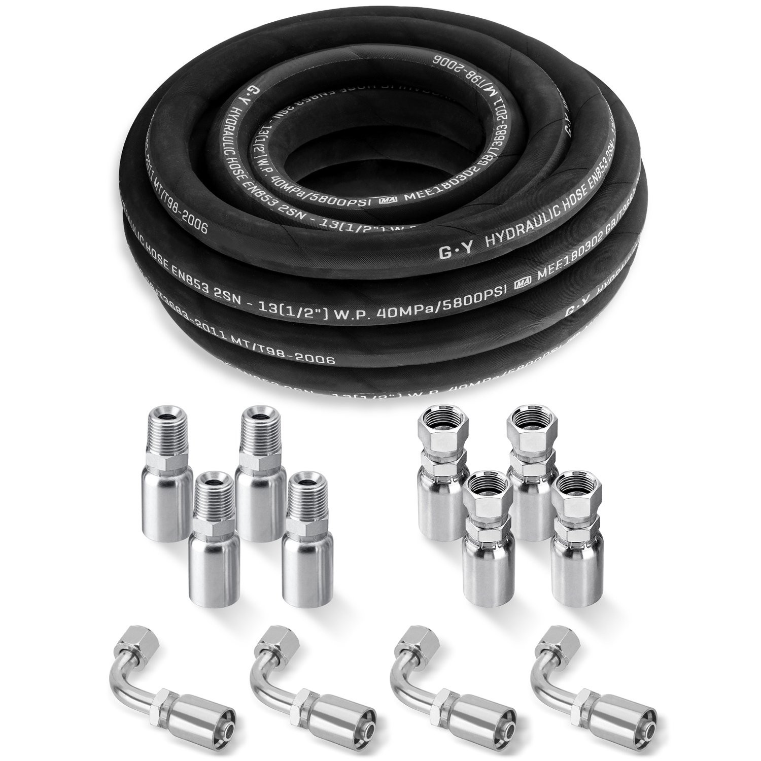 1/2″ 25′ HYDRAULIC HOSE TWO WIRE HOSE FLEXIBLE 40MPa / 5800 PSI WITH 12 FITTINGS