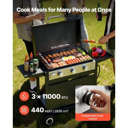 Gas Griddle, 3-Burner Flat Top Grill, Propane Griddle with Wheels, Lid, 3 x 1100