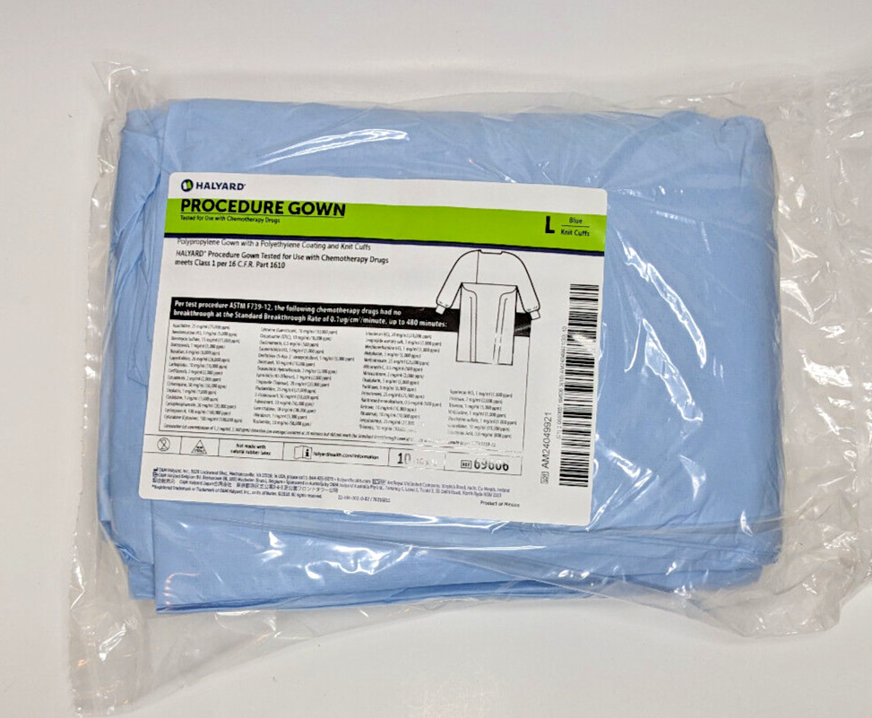 10X Halyard #69606 Procedure Gown Large Polypropylene Blue Knit Cuffs