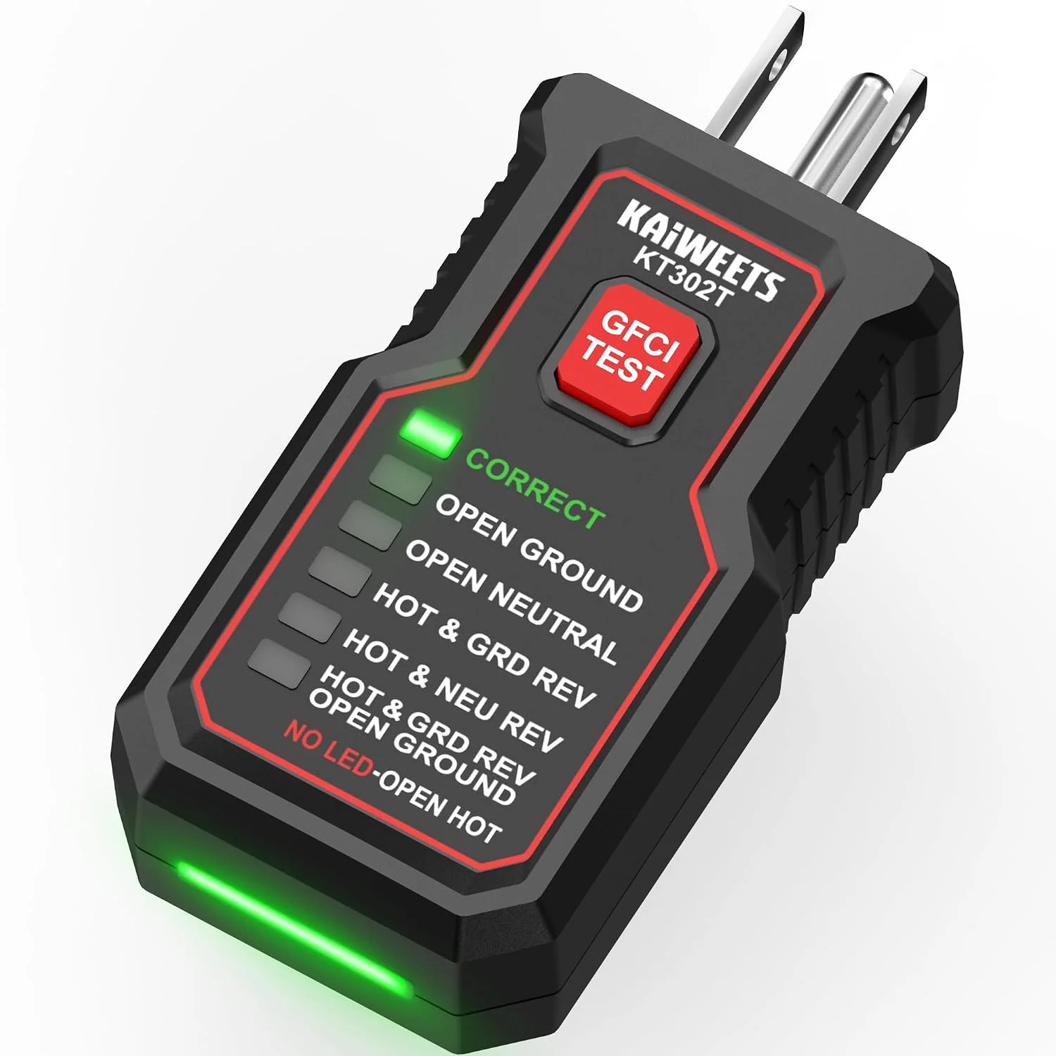 KAIWEETS KT302T Outlet Tester with GFCI Test, Dual-Sided LED Receptacle Tester D