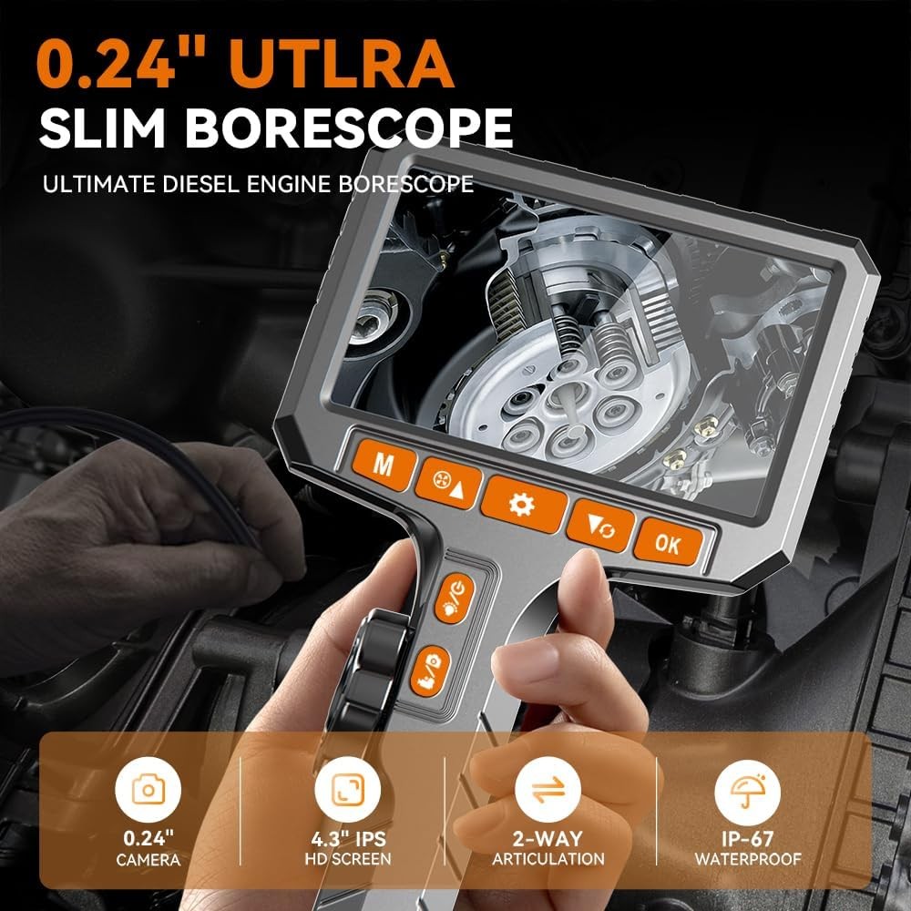 3.3ft 1080P HD Articulating Borescope Camera with 0.24 Inch Probe and Light