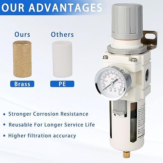 1/2″ NPT Air Filter-Regulator: 5μm, Semi-Auto, PC Bowl, 0-150 PSI, Pneumatic