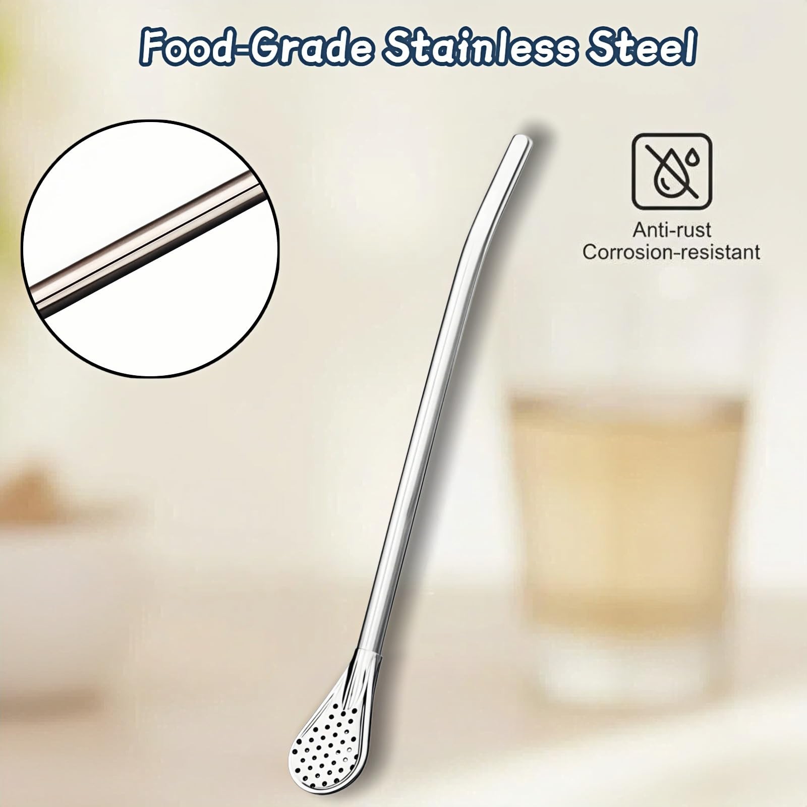 Stainless Steel Filter Straw Spoon, 2-in-1 Reusable Metal 9.65 Inches, Silver