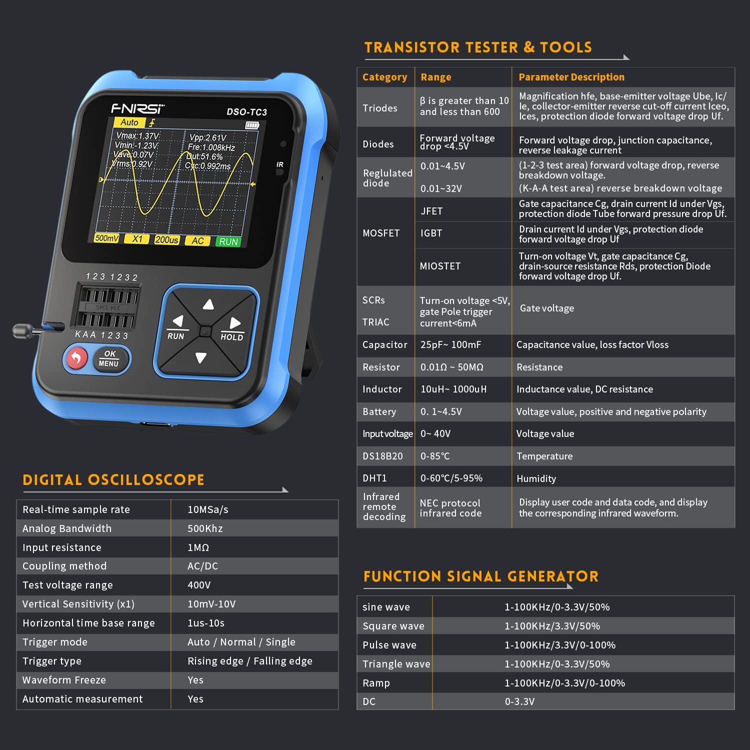Osciloscopio 3en1 500KHz 10MS/s Generador Señal DDS Tester Transistor Portatil
