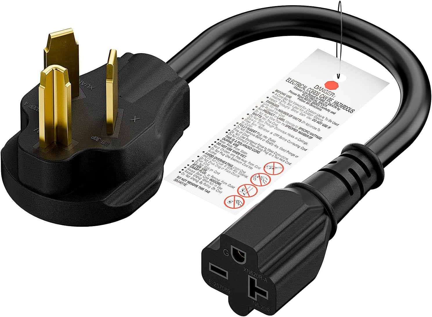 Nema 10-30P to 6-20R Dryer Plug Adapter 30A 125/250V to 20A 250V 12AWG 1FT