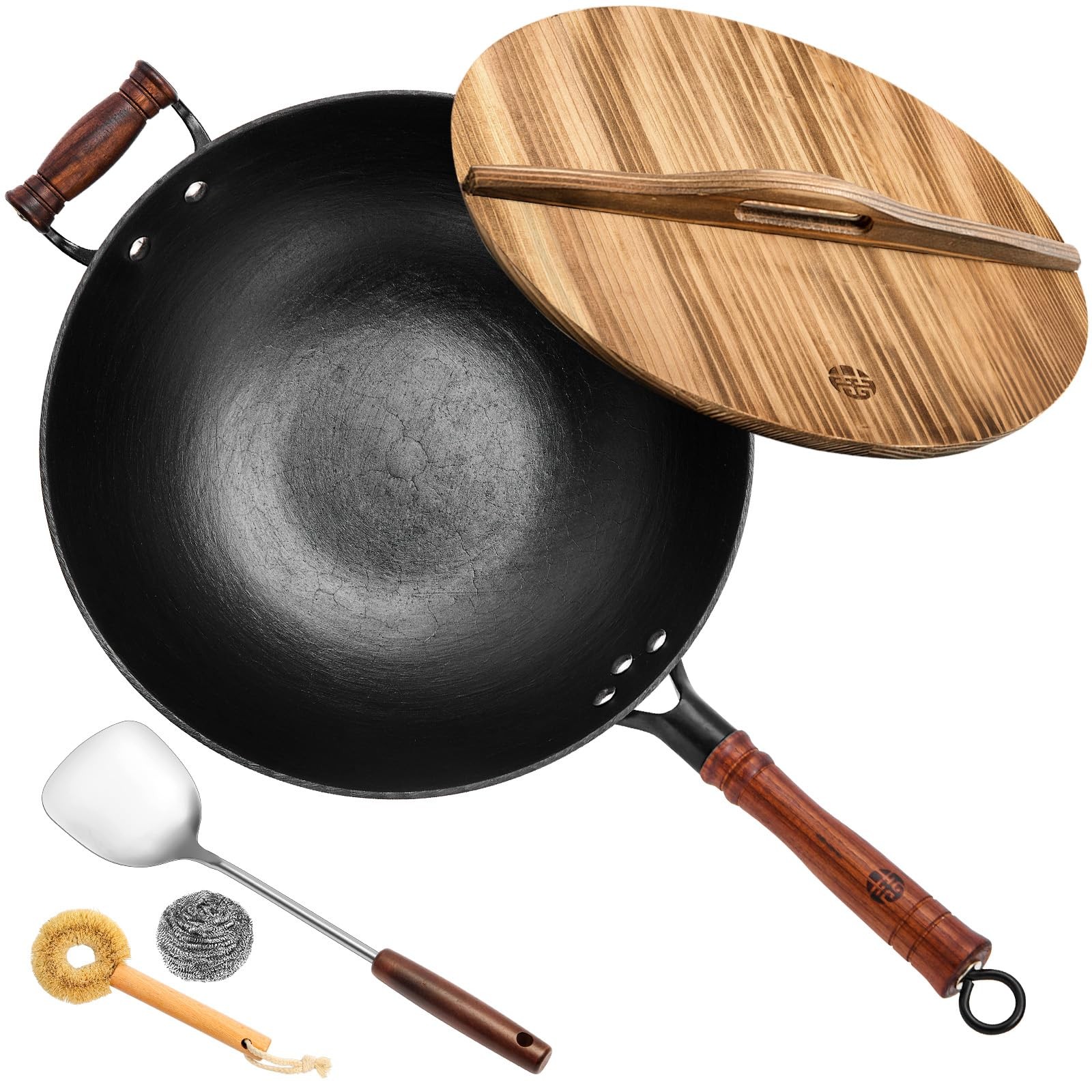 Wangyuanji Cast Iron Wok Pan Lid 14.2 Inch Flat Bottom Uncoated Stir Fry